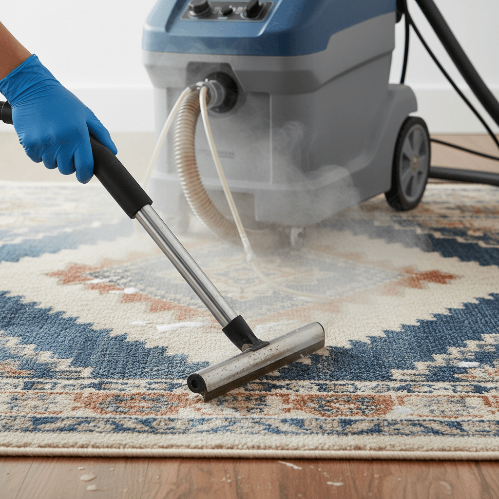 Close-up of rug being professionally steam cleaned