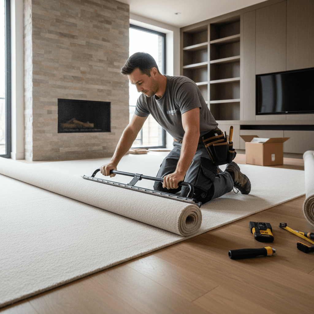 Professional rug installation in progress on a living room floor