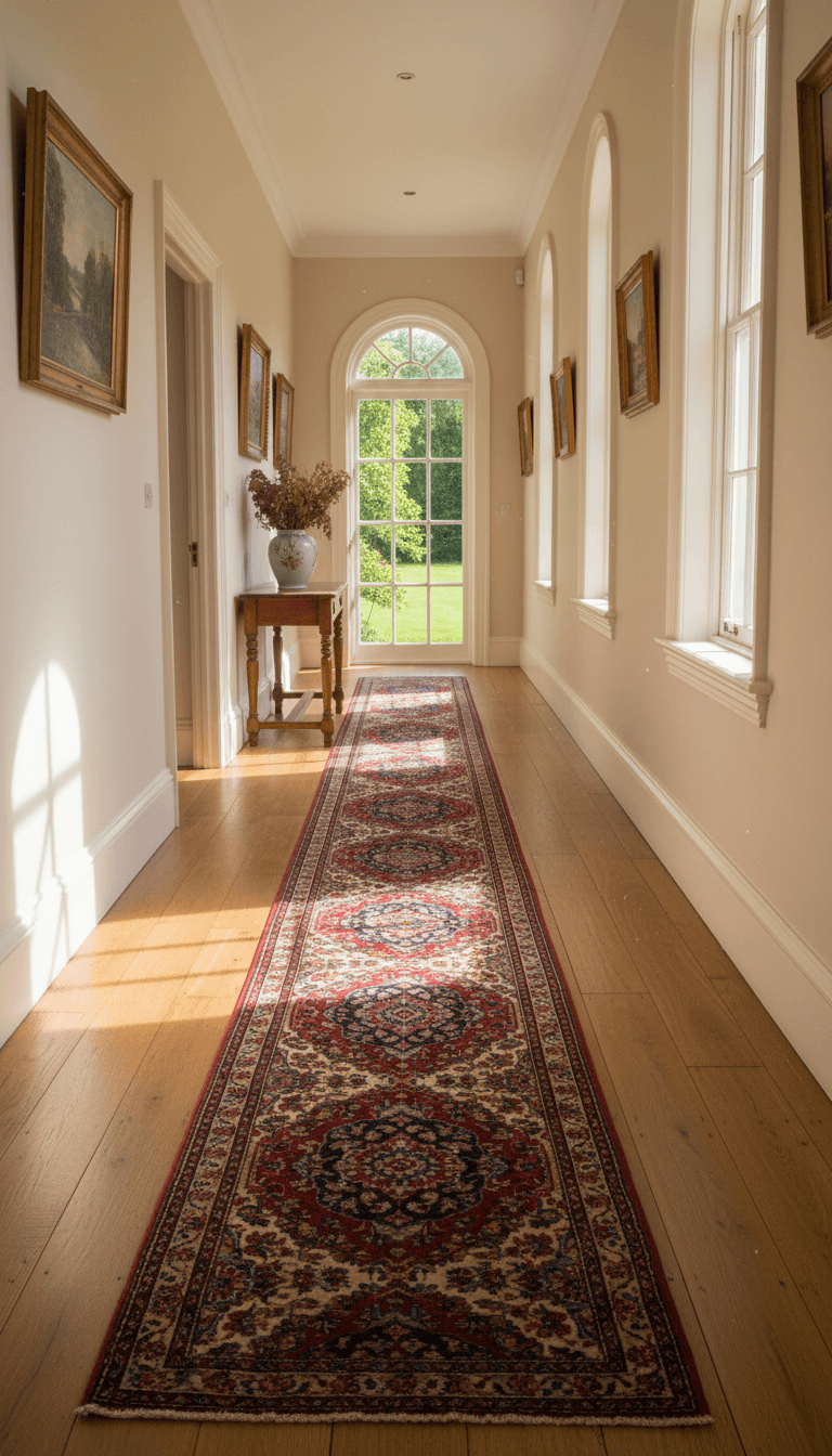 Long runner rug stretching through a hallway with hardwood floors