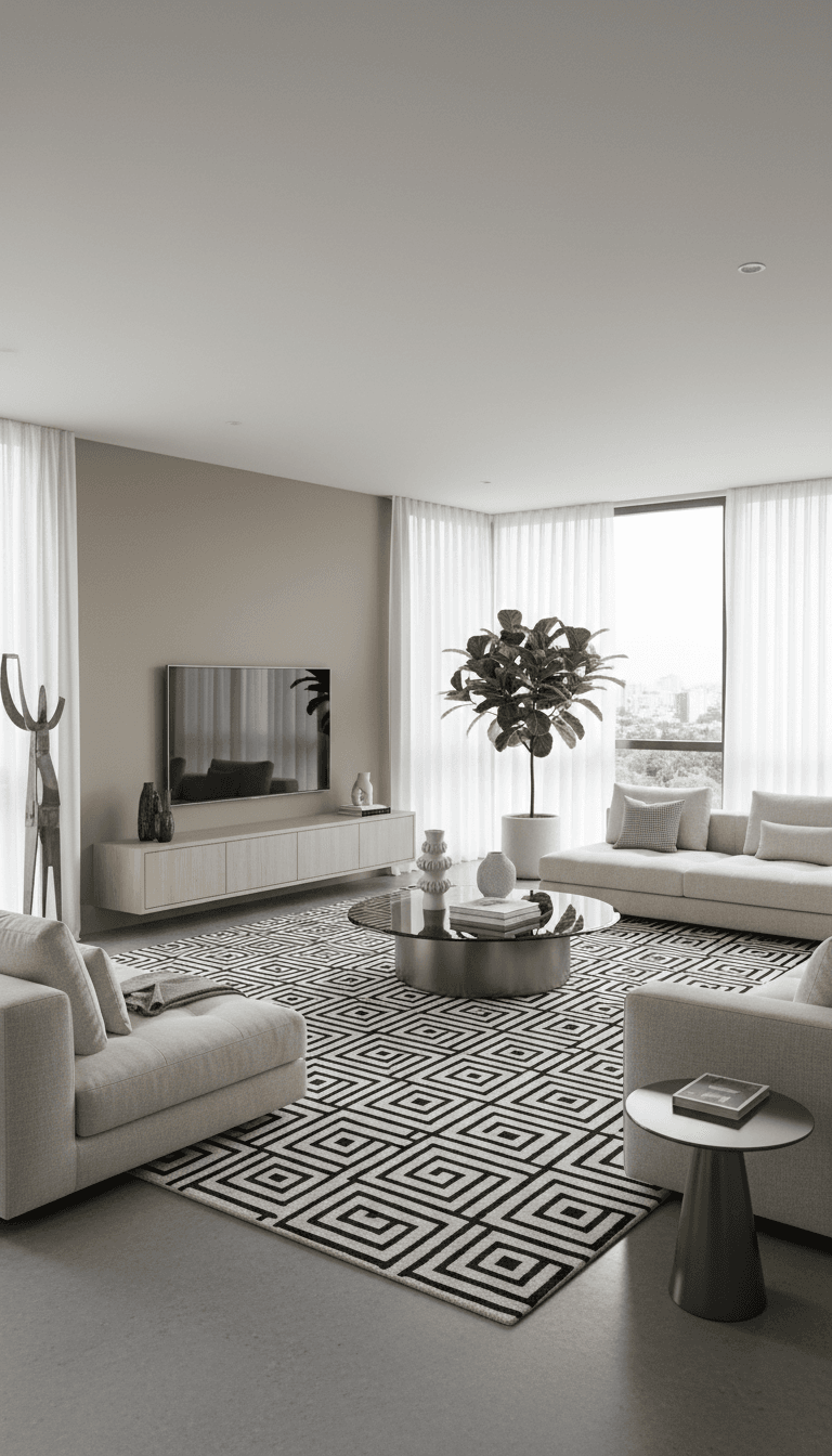 Modern area rug with geometric design in a bright living room