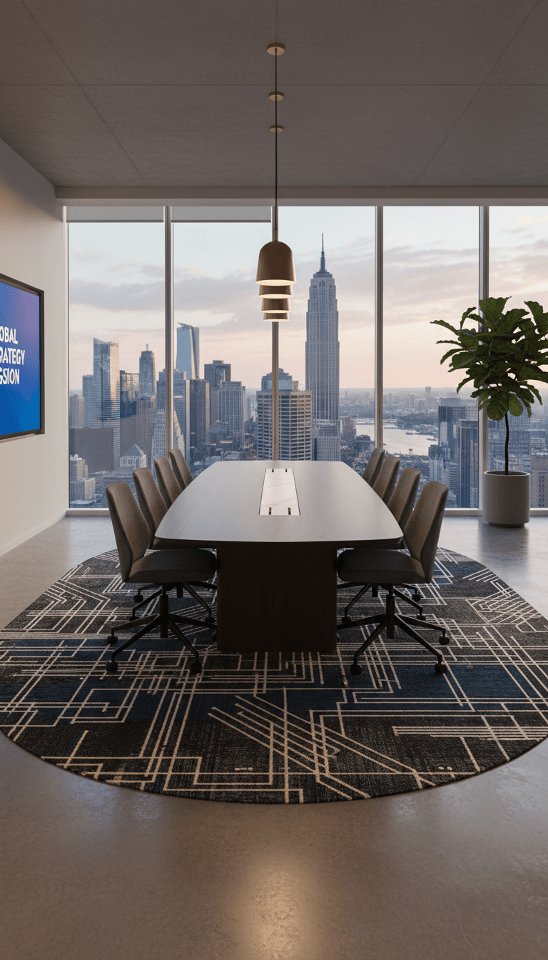 Custom rug in a professional office setting under a glass conference table