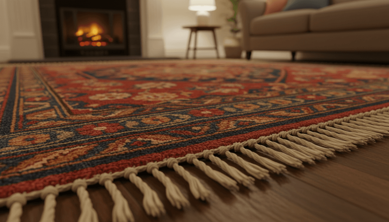 Detail of a hand-woven rug showing intricate patterns and fringe
