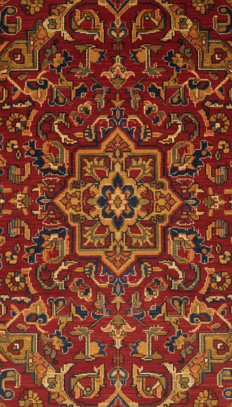 Detail of an oriental rug with intricate floral pattern and deep red tones