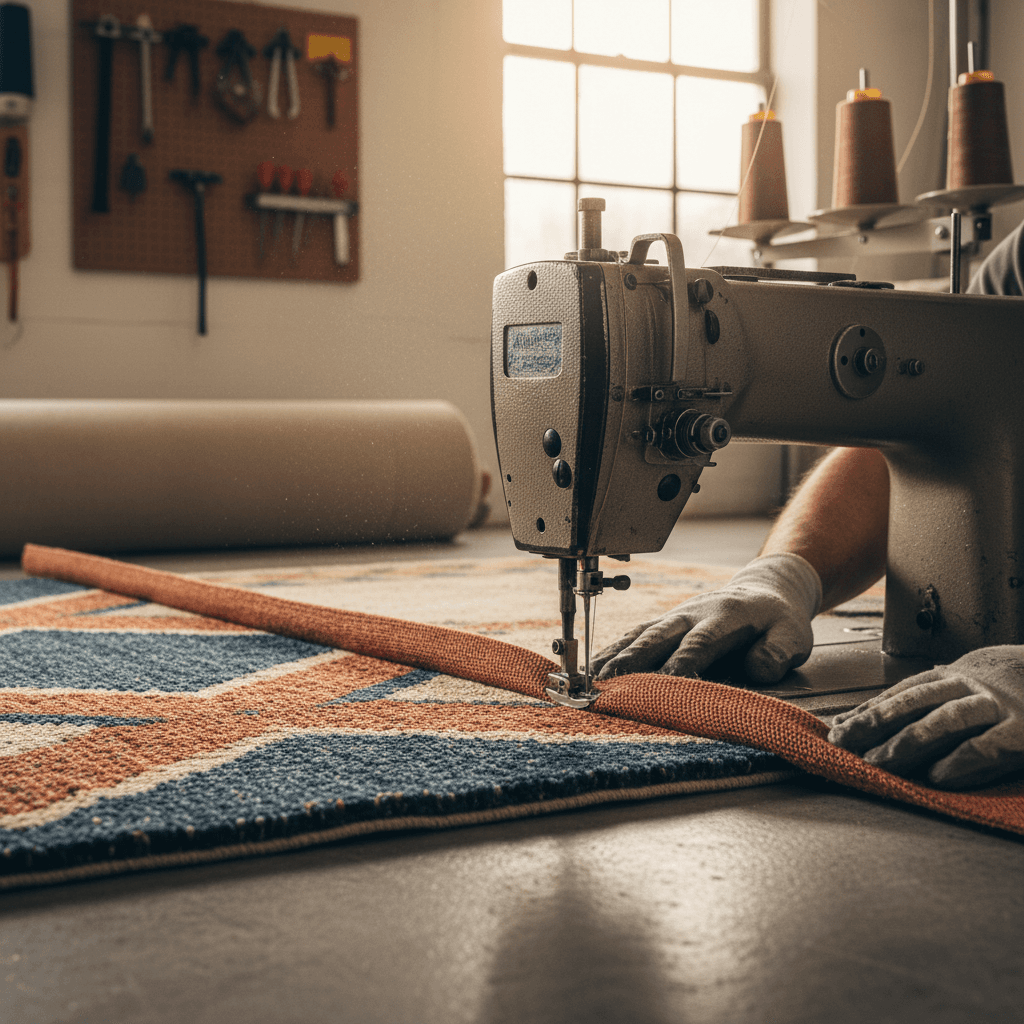 Craftsman binding the edge of a custom area rug