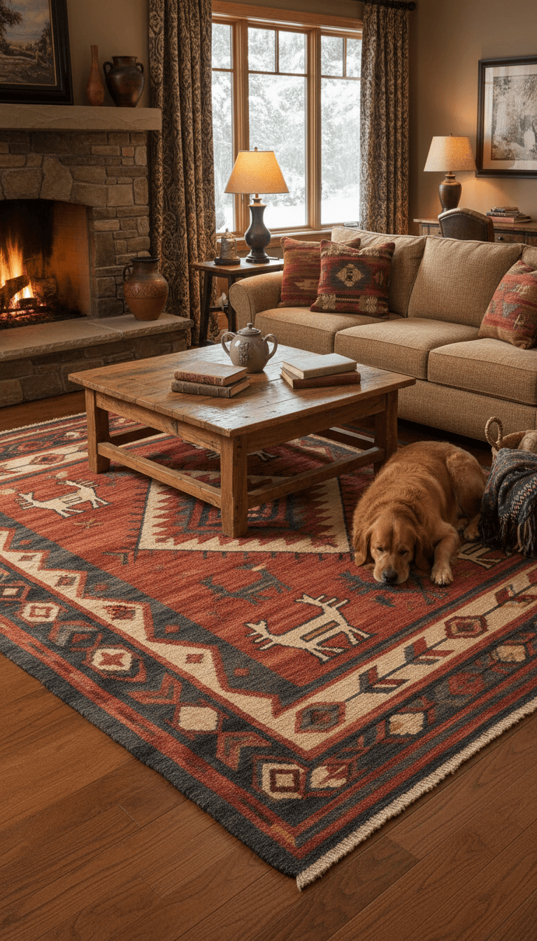 Hand-woven wool rug with tribal patterns in a cozy living space