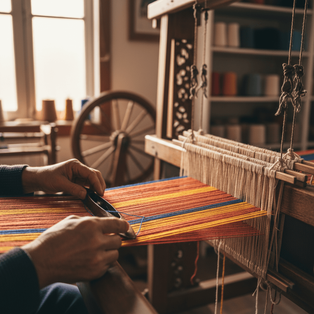 Hand-weaving a custom rug on a loom