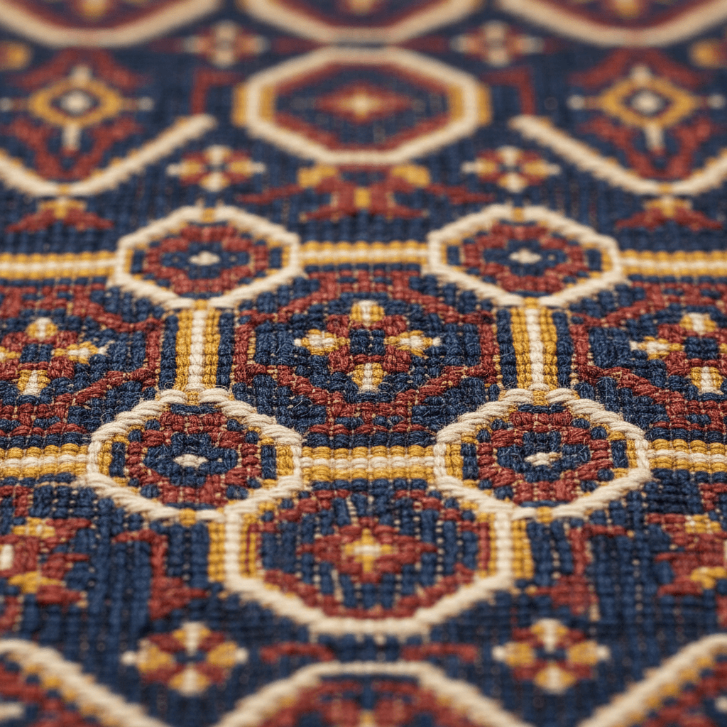 Close-up of a handwoven oriental rug showing detailed patterns and rich colors