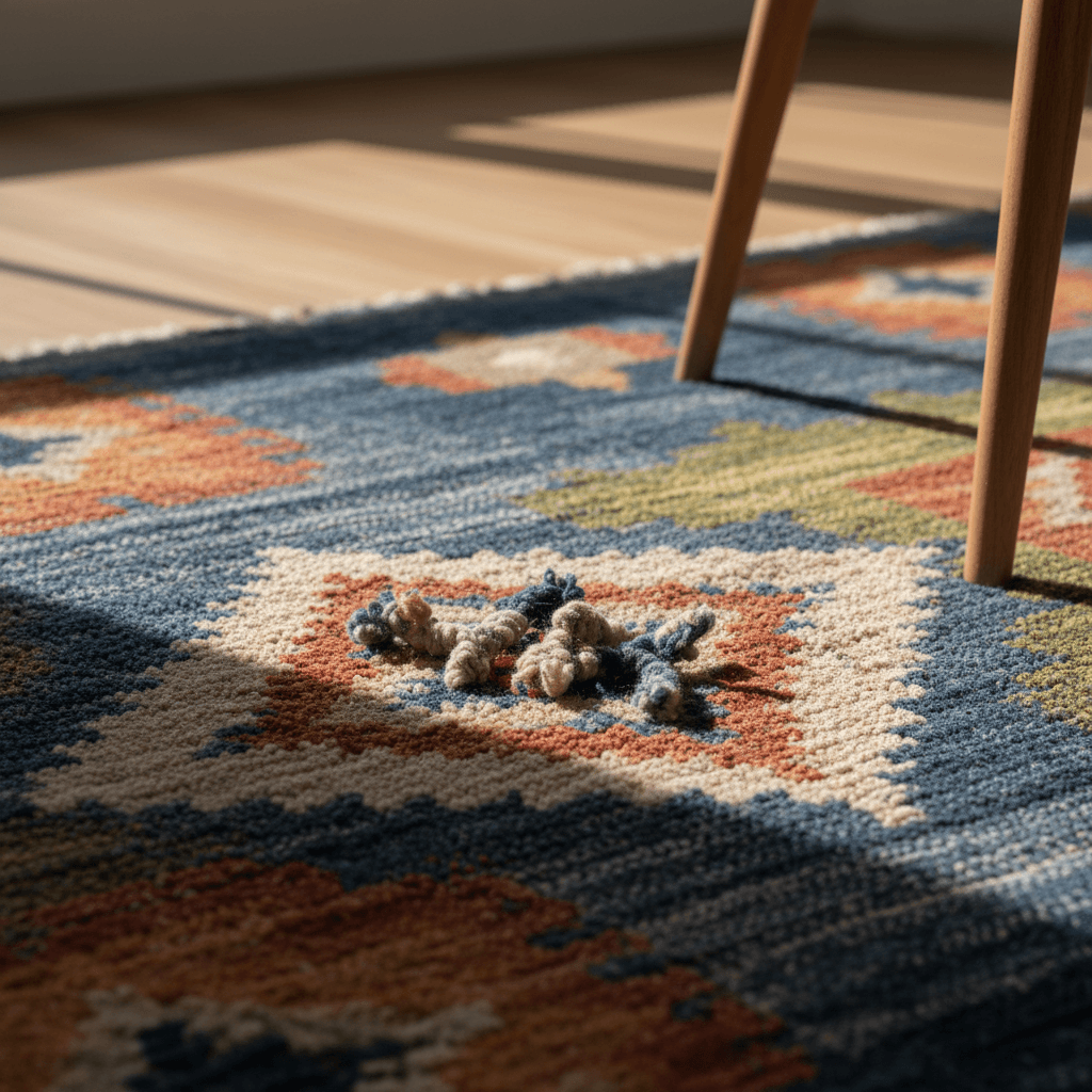Close-up of a hand touching the texture of a woven wool rug in a showroom setting