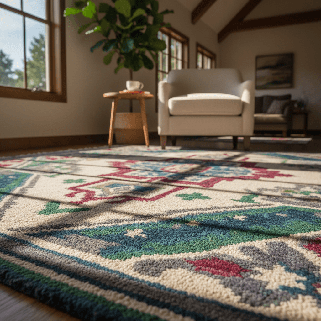 Close-up of premium hand-tufted wool carpet showing intricate weave texture and rich color details with soft natural light